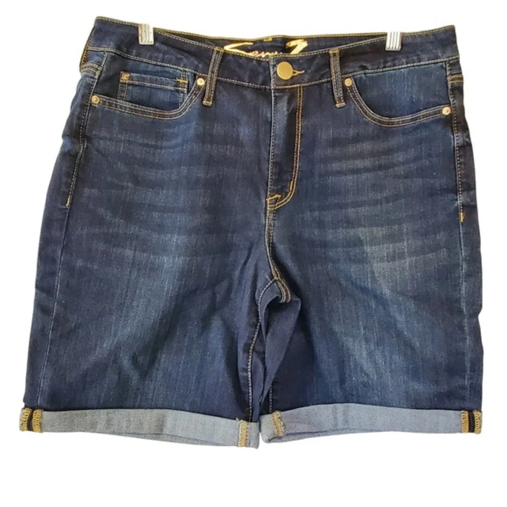 Seven7 Sunset Bermuda Denim Shorts Dark Wash Stretch Cuffed Size 14‎
